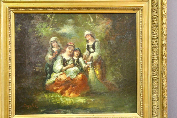 Oil On Canvas Group Of Young Girls Celebrating Spring By Borgella End XIX