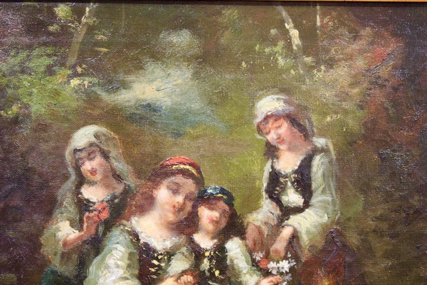 Oil On Canvas Group Of Young Girls Celebrating Spring By Borgella End XIX