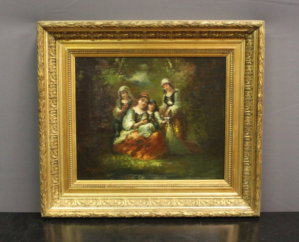 Oil On Canvas Group Of Young Girls Celebrating Spring By Borgella End XIX