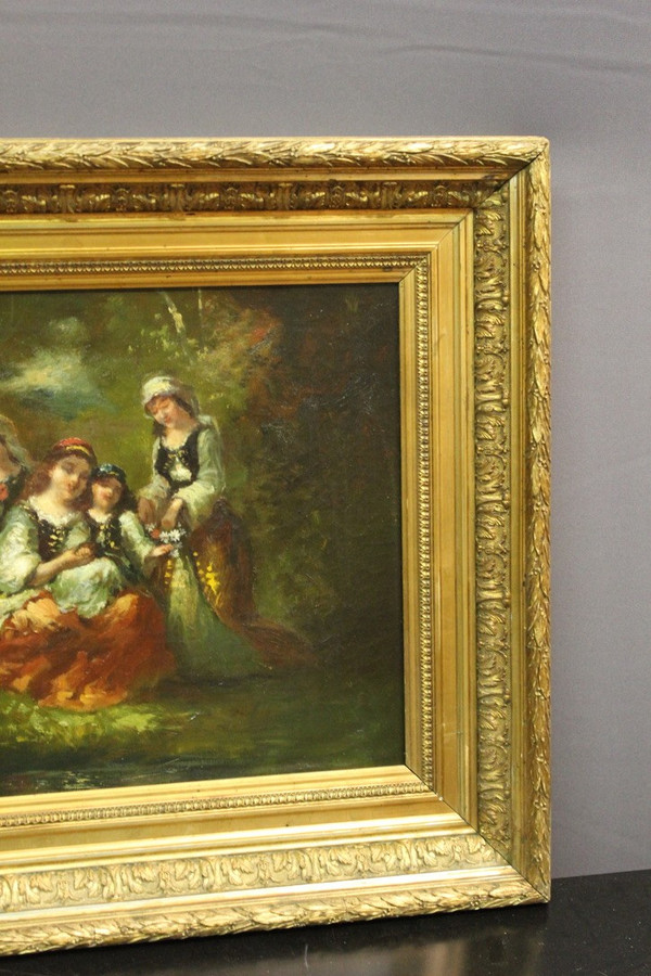 Oil On Canvas Group Of Young Girls Celebrating Spring By Borgella End XIX