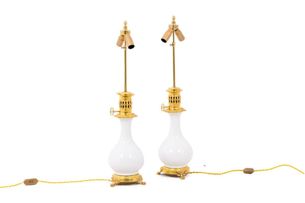 Pair Of White And Bronze Porcelain Lamps, Circa 1880, LS3770397