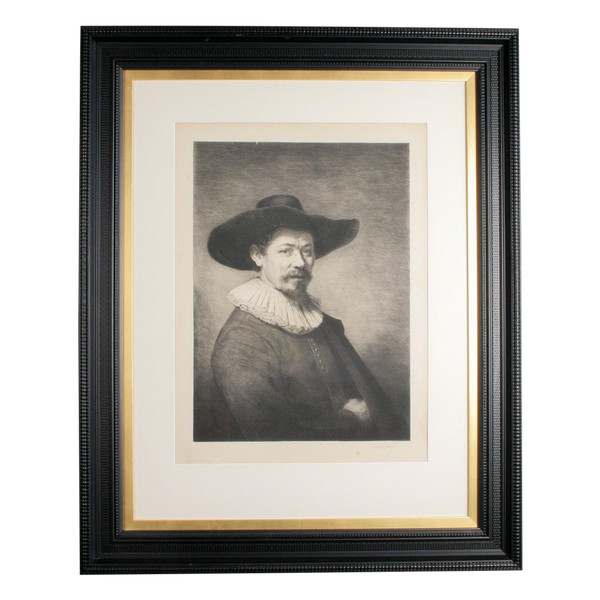 Incisione su Velin, autoritratto, secondo Rembrandt, 1884, con cornice.