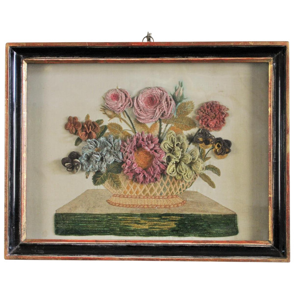 embroidered silk flowers in a showcase frame, Napoleon III period