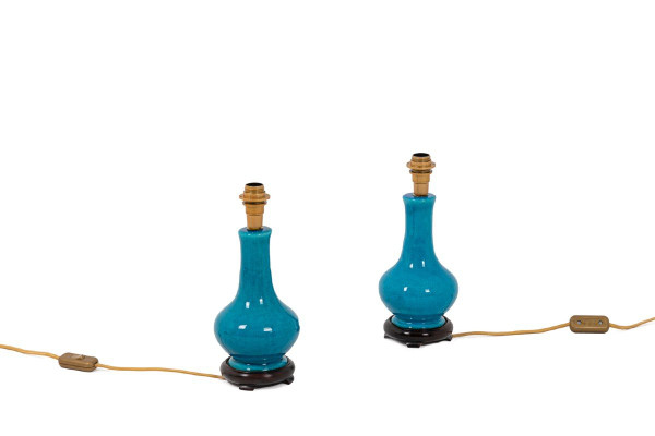 Pol Chambost, Paire De Petites Lampes En Céramique Et Bronze Doré, XXème Siècle - Ls4372397