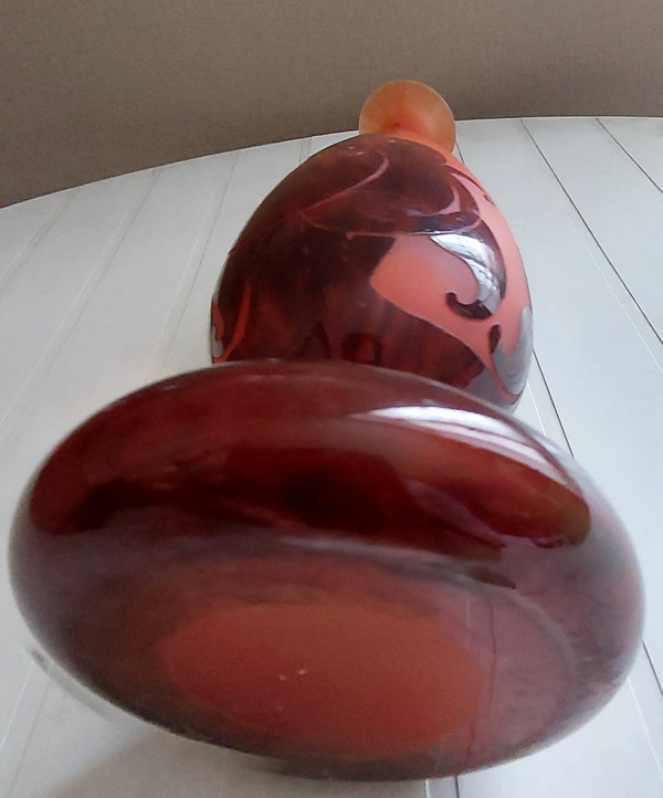 French glass art deco vase signed with plum decoration circa 1924 acid-etched