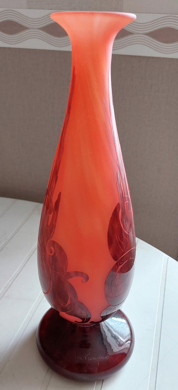 French glass art deco vase signed with plum decoration circa 1924 acid-etched