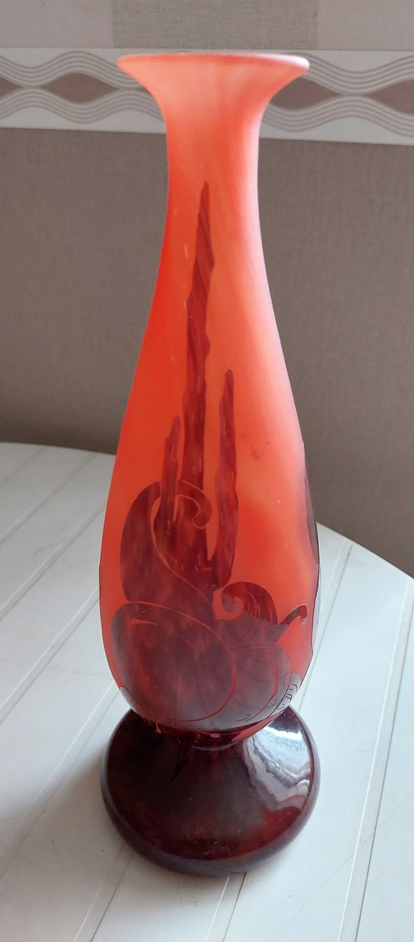 French glass art deco vase signed with plum decoration circa 1924 acid-etched