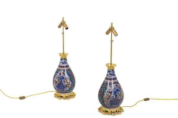 Pair Of Delft Earthenware And Gilt Bronze Lamps, Circa 1880 - LS4242671