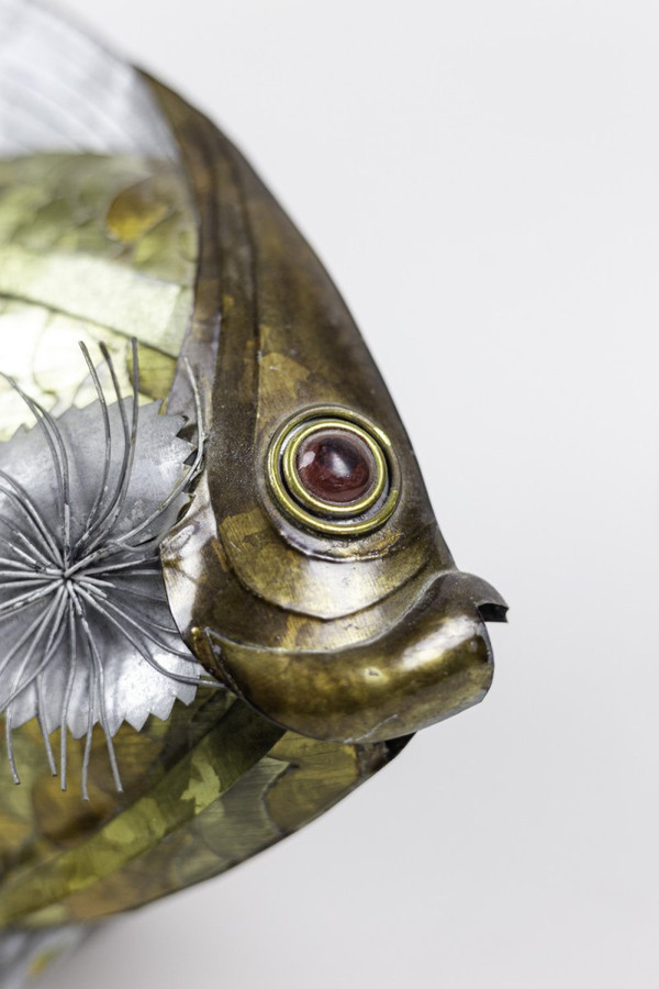 Fish In Copper, Brass And Pewter Leaves, 1970s - Op44281