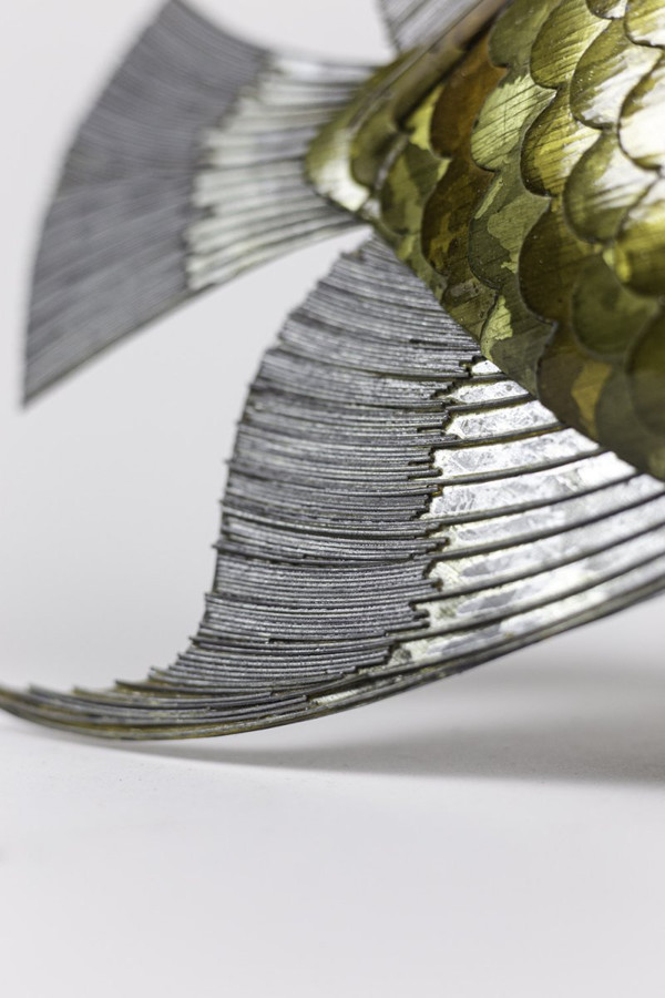 Fish In Copper, Brass And Pewter Leaves, 1970s - Op44281