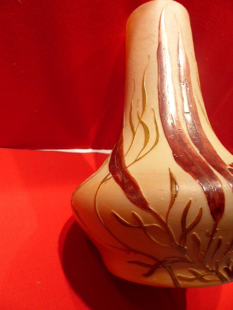 Glass paste vase signed Legras with acid-etched decoration of seaweed and aquatic plants on an orange-yellow opacified background, height 23 cm