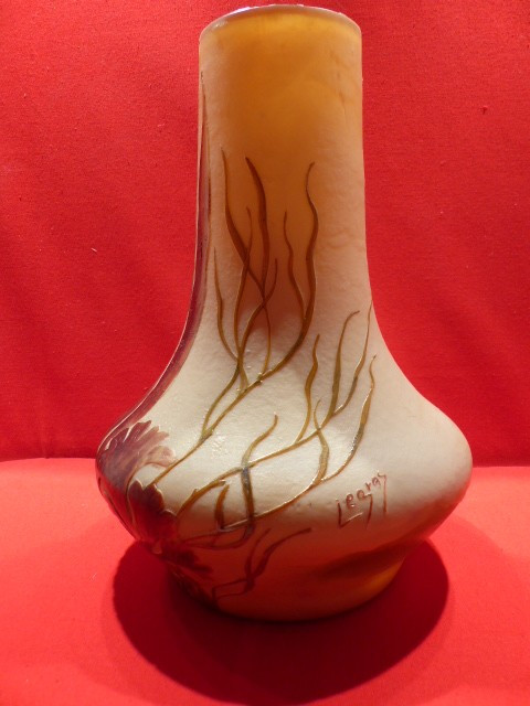 Glass paste vase signed Legras with acid-etched decoration of seaweed and aquatic plants on an orange-yellow opacified background, height 23 cm