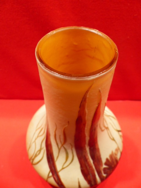 Glass paste vase signed Legras with acid-etched decoration of seaweed and aquatic plants on an orange-yellow opacified background, height 23 cm