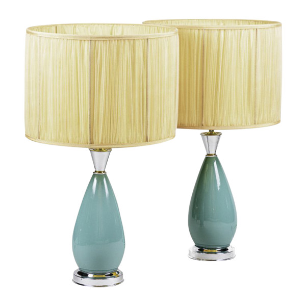 Paire De Lampes En Porcelaine Bleue Et Laiton Argenté, Années 1970 - Ls3278571