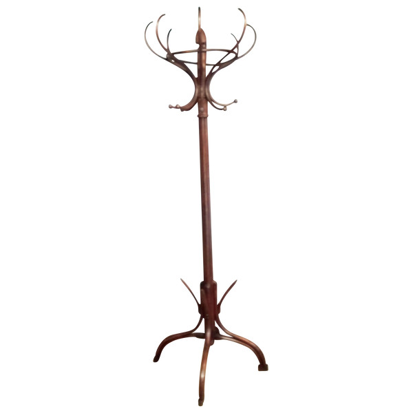 Parrot model beech coat rack in dark bentwood with eight hooks Thonet style early 20th century high 195 cm