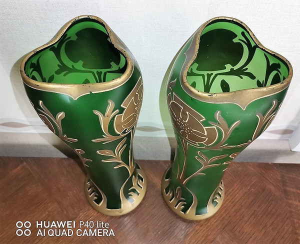 Pair of enamelled Vases by François-Théodore Legras unsigned Art-Nouveau period François-Théodore Legras born December 27, 1839 in the hamlet of La Grande Catherine in Claudon and died August 2, 1916 in Paris, is a French master glassmaker. high 34.2cm