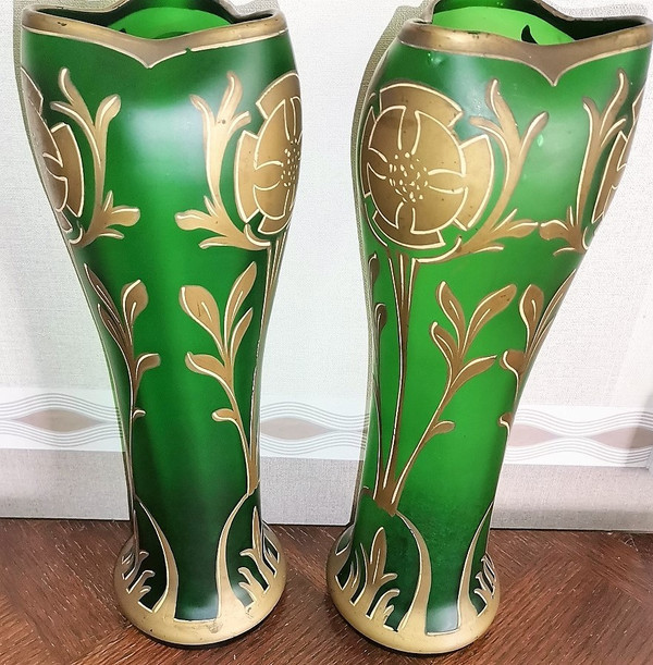 Pair of enamelled Vases by François-Théodore Legras unsigned Art-Nouveau period François-Théodore Legras born December 27, 1839 in the hamlet of La Grande Catherine in Claudon and died August 2, 1916 in Paris, is a French master glassmaker. high 34.2cm