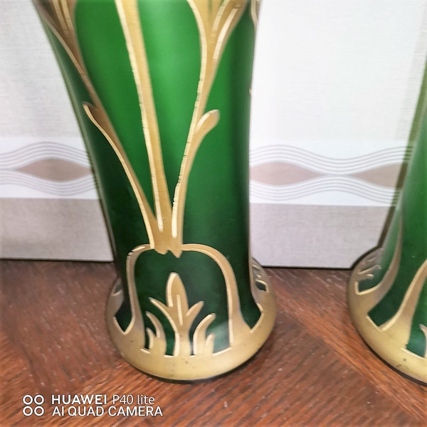 Pair of enamelled Vases by François-Théodore Legras unsigned Art-Nouveau period François-Théodore Legras born December 27, 1839 in the hamlet of La Grande Catherine in Claudon and died August 2, 1916 in Paris, is a French master glassmaker. high 34.2cm