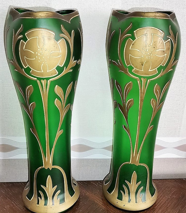 Pair of enamelled Vases by François-Théodore Legras unsigned Art-Nouveau period François-Théodore Legras born December 27, 1839 in the hamlet of La Grande Catherine in Claudon and died August 2, 1916 in Paris, is a French master glassmaker. high 34.2cm