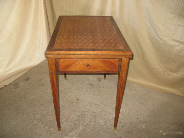 Games and system table in marquetry decorated with diamonds, 19th century, Louis XVI style