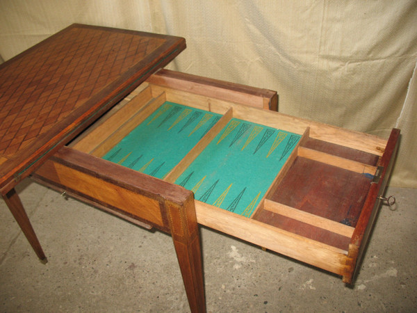 Games and system table in marquetry decorated with diamonds, 19th century, Louis XVI style