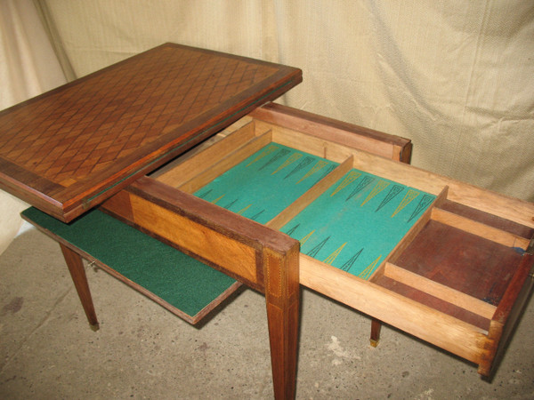 Games and system table in marquetry decorated with diamonds, 19th century, Louis XVI style