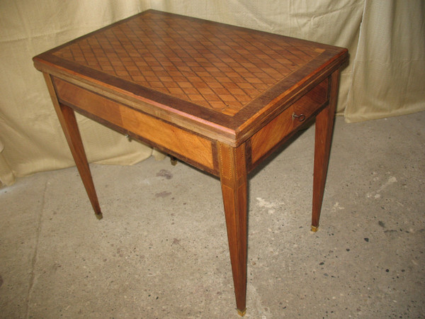 Games and system table in marquetry decorated with diamonds, 19th century, Louis XVI style