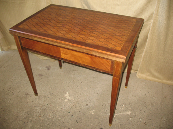 Games and system table in marquetry decorated with diamonds, 19th century, Louis XVI style