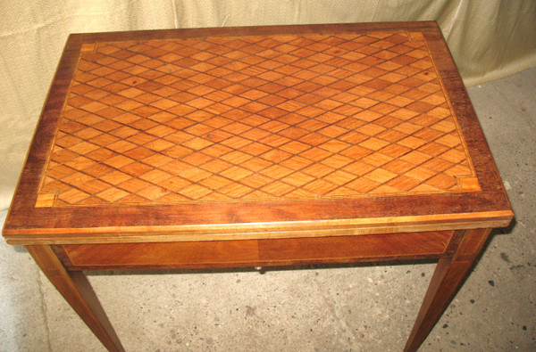 Games and system table in marquetry decorated with diamonds, 19th century, Louis XVI style