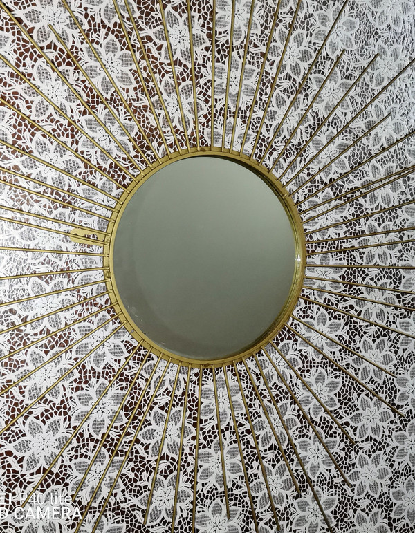 Old wall-mounted sun mirror in gilded brass in the spirit of (Chaty Vallauris)