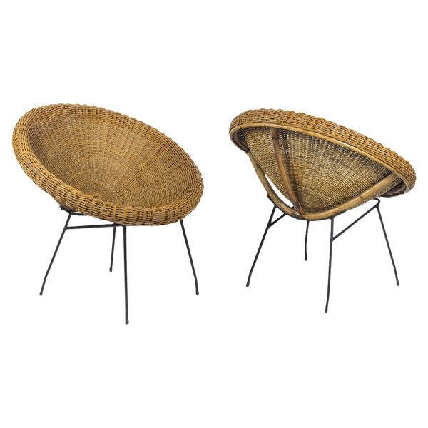 Pair De Fauteuils Soleil En Rotin Et Métal Noir, Années 1950 - LS3953801