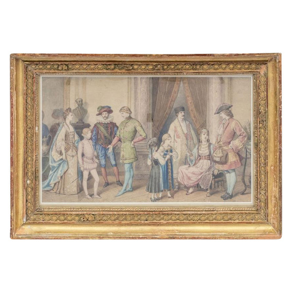 Watercolor, "Costume Ball Scene", Gilded Wood Frame, About 1850 - LS3786221