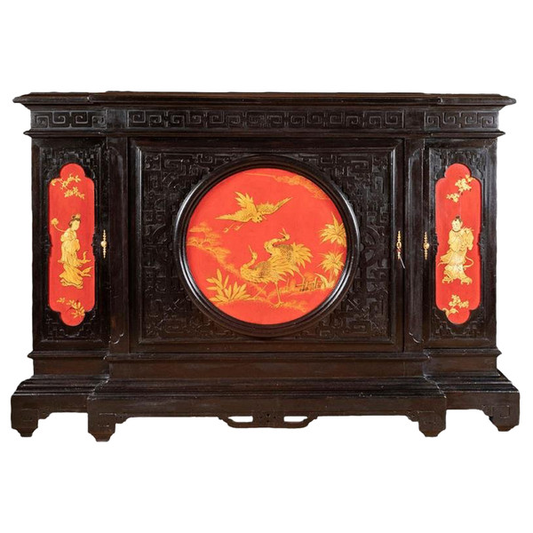 Grand Meuble D'appui Chinoisant En Bois Laqué Noir, Rouge Et Or, circa 1880 - LS37661501