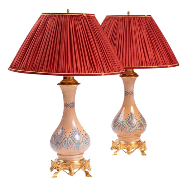 Pair Of Neo-Gothic Style Opaline And Gilt Bronze Lamps, Circa 1890 - LS3388621