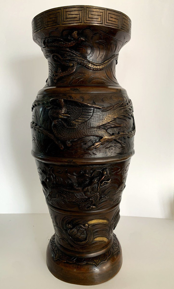 Large Japanese Bronze Vase With High Relief