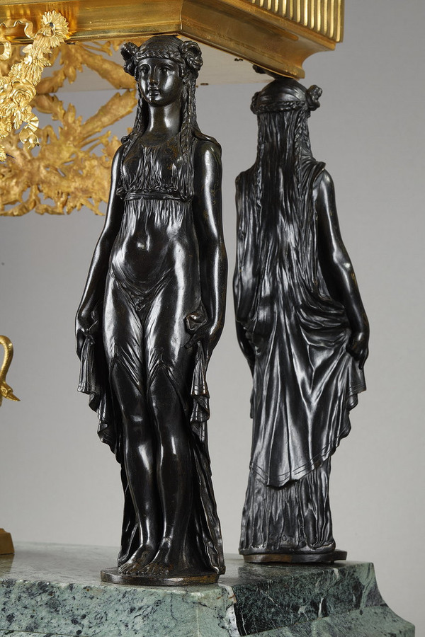  Bronze and sea-green marble table planter with caryatids, Empire style, 19th century