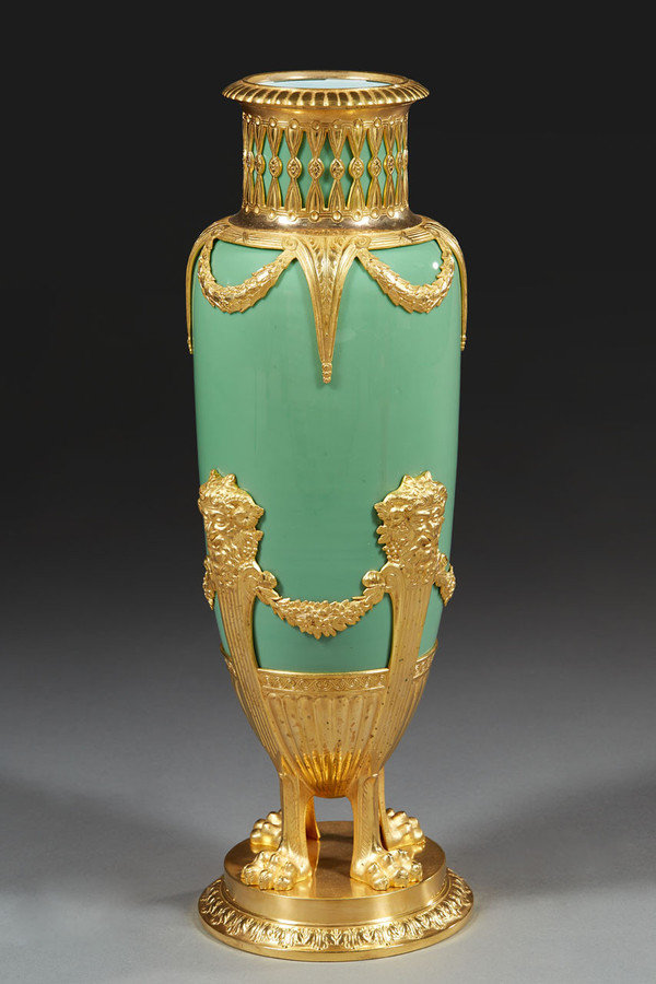 Pair Of Vases In Jade Green Opaline And Golden Brass From The End Of The XIXth Century