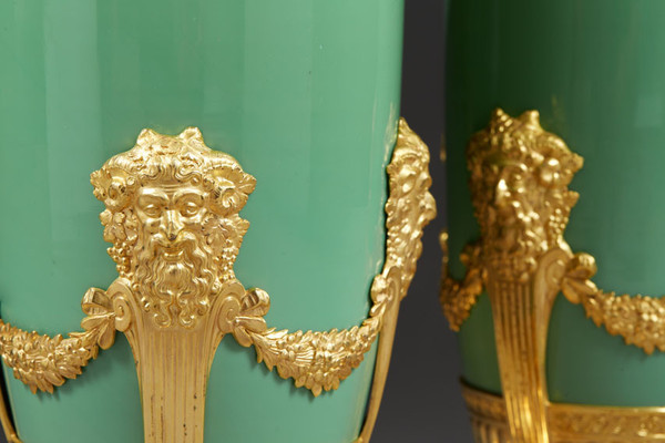 Pair Of Vases In Jade Green Opaline And Golden Brass From The End Of The XIXth Century