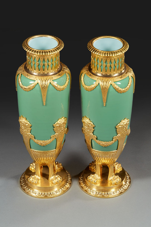 Pair Of Vases In Jade Green Opaline And Golden Brass From The End Of The XIXth Century