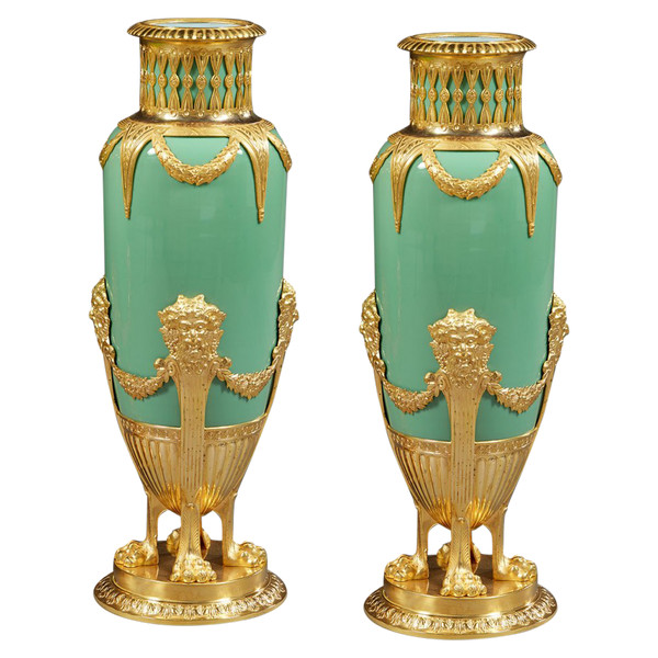 Pair Of Vases In Jade Green Opaline And Golden Brass From The End Of The XIXth Century