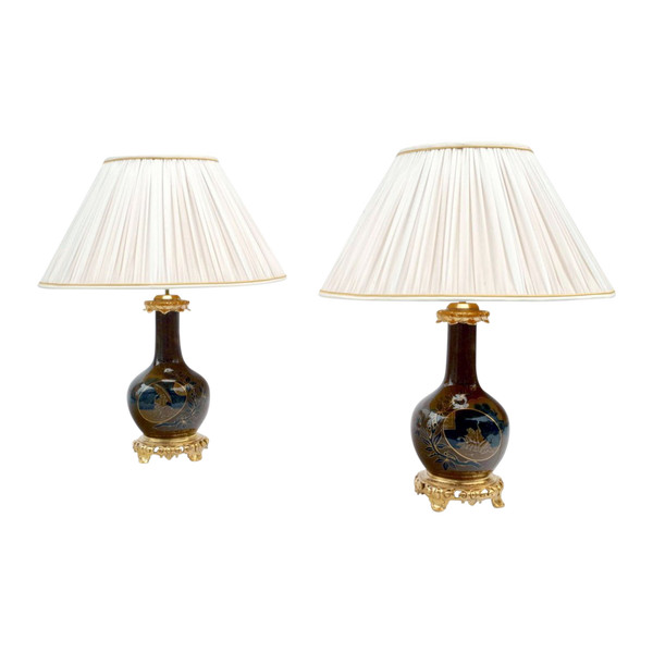 Coppia di lampade in porcellana giapponese marrone e blu, XIX secolo - LS3521651