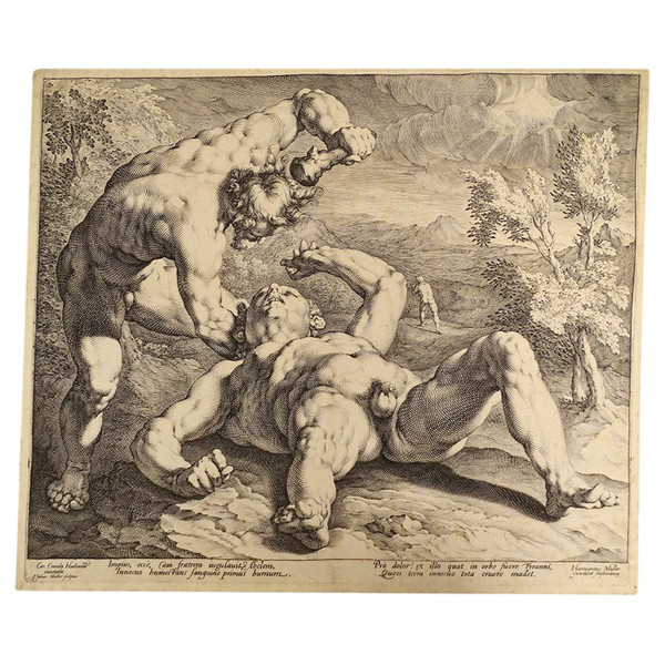 Gravure Signée Jan Muller Caïn Tuant Abel d'Ap. Van Haarlem Hollande XVIème