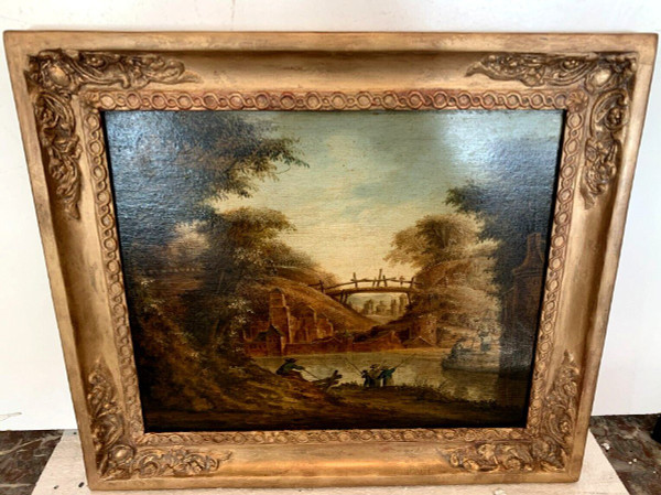 Oil On Oak Panel Animated Landscape XIX Century