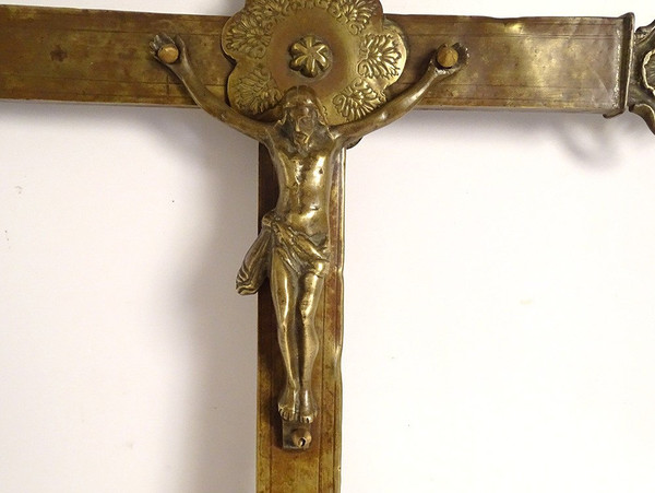 Croix de Procession Christ Crucifix Bronze Laiton Doré Vierge Marie XVIIè