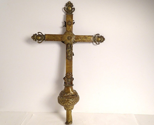 Croix de Procession Christ Crucifix Bronze Laiton Doré Vierge Marie XVIIè