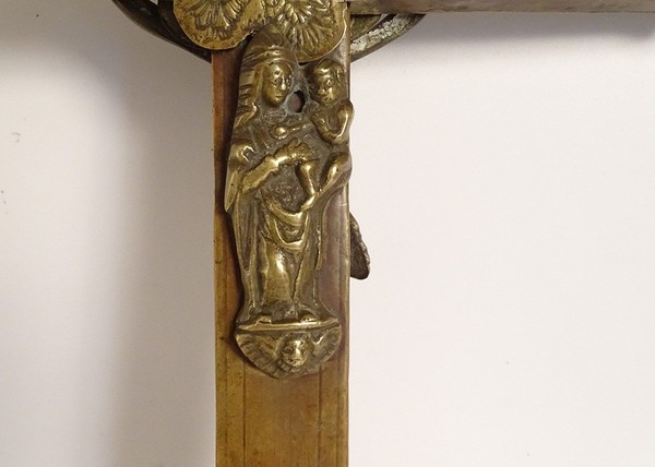 Croix de Procession Christ Crucifix Bronze Laiton Doré Vierge Marie XVIIè