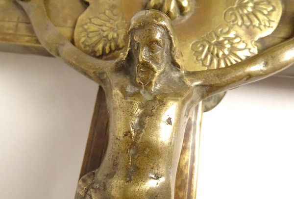 Croix de Procession Christ Crucifix Bronze Laiton Doré Vierge Marie XVIIè