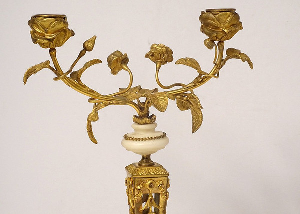 Paar Kerzenständer 2 Leuchten Louis XVI Blume Bronze Vergoldet Kristall Marmor XIX.