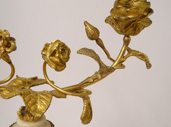 Paar Kerzenständer 2 Leuchten Louis XVI Blume Bronze Vergoldet Kristall Marmor XIX.