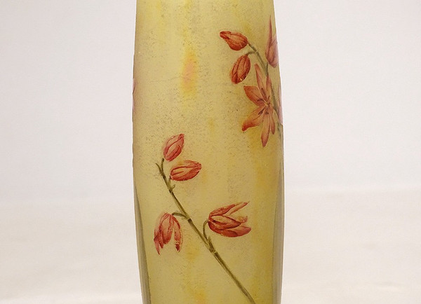 Vaso Piedouche Pâte de Verre Daum Nancy Fleurs Lys Lis Art Nouveau XIX secolo